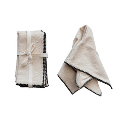 18" Square Cotton Napkins w/ Edge Stitching, Natural & Black, Set of 4