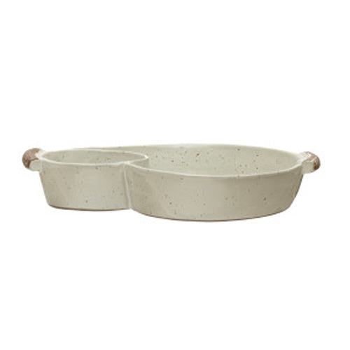 Stoneware Dish w/ 2 Sections & Handles, Reactive Glaze, Cream Color