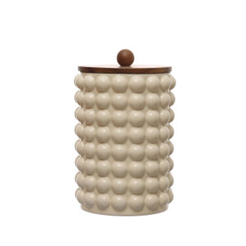 Round Stoneware Canister w/ Raised Dots & Acacia Wood Lid - White & Natural