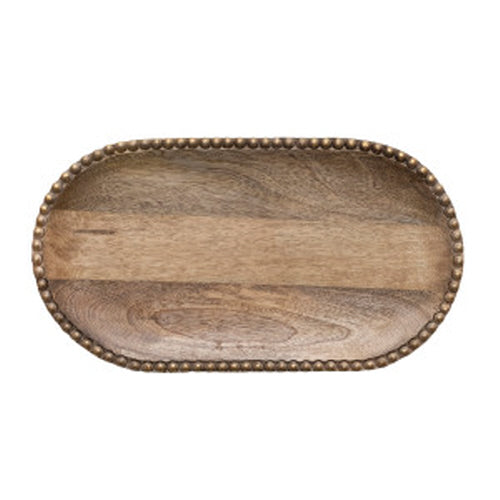 Hand-Carved Mango Wood Tray w/ Wood Beads, Natural & Gold Finish