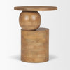 Front view of the Stack accent table featuring a circular top supported by a sculptural wood sphere and a ribbed cylindrical base