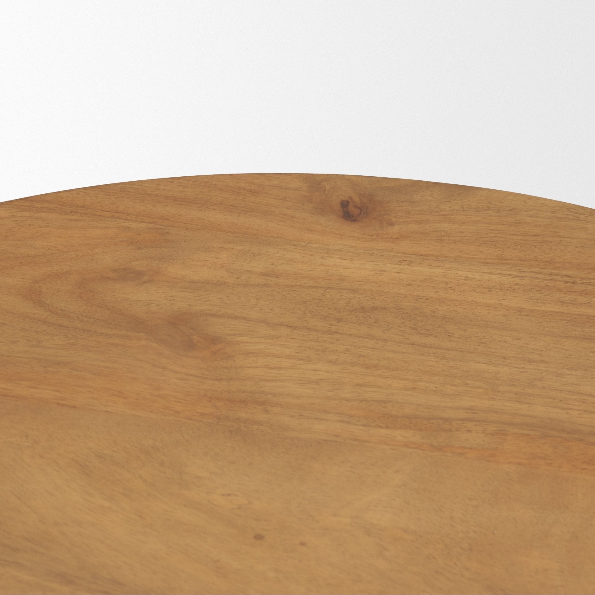 Front view of the Stack accent table featuring a circular top supported by a sculptural wood sphere and a ribbed cylindrical base
