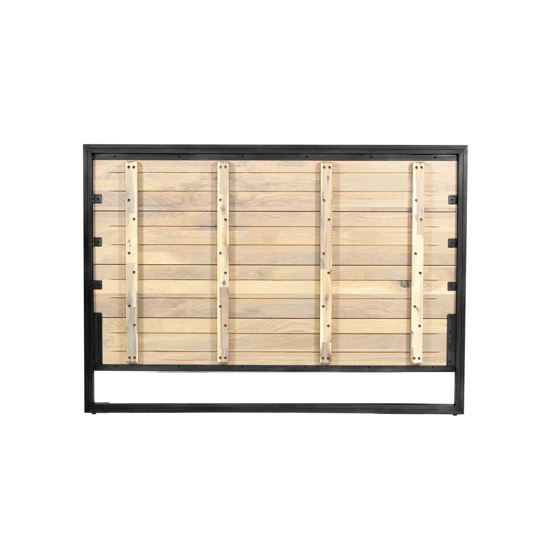 Front view of the Starlight queen platform bed featuring a light oak wood finish and a sturdy black steel architectural base