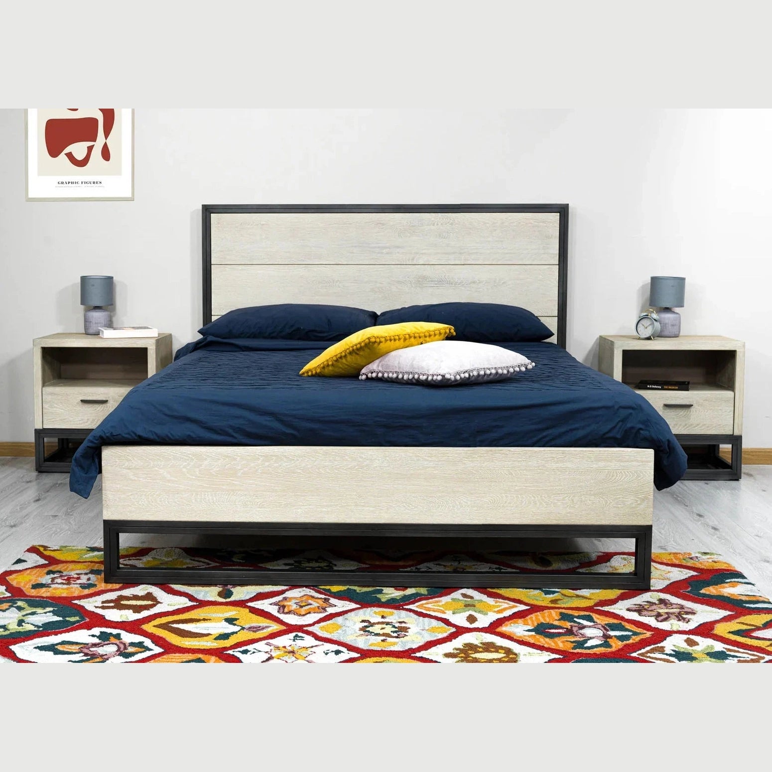 Front view of the Starlight queen platform bed featuring a light oak wood finish and a sturdy black steel architectural base