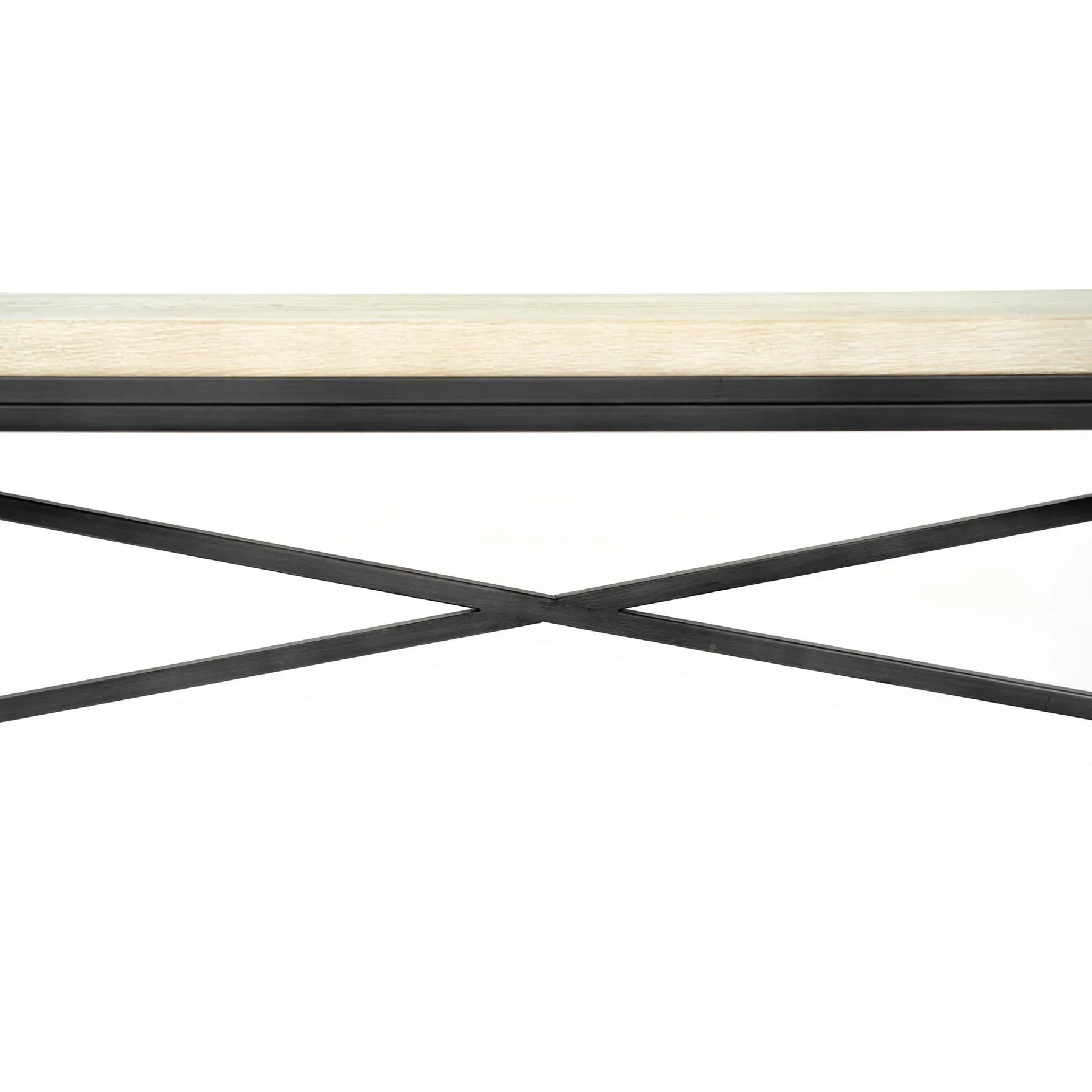 Front view of the Starlight bench featuring a light oak wood top and a black metal frame with cross-brace support