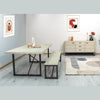 Wide-angle lifestyle shot featuring the Starlight bench as part of a complete dining set with a matching sideboard