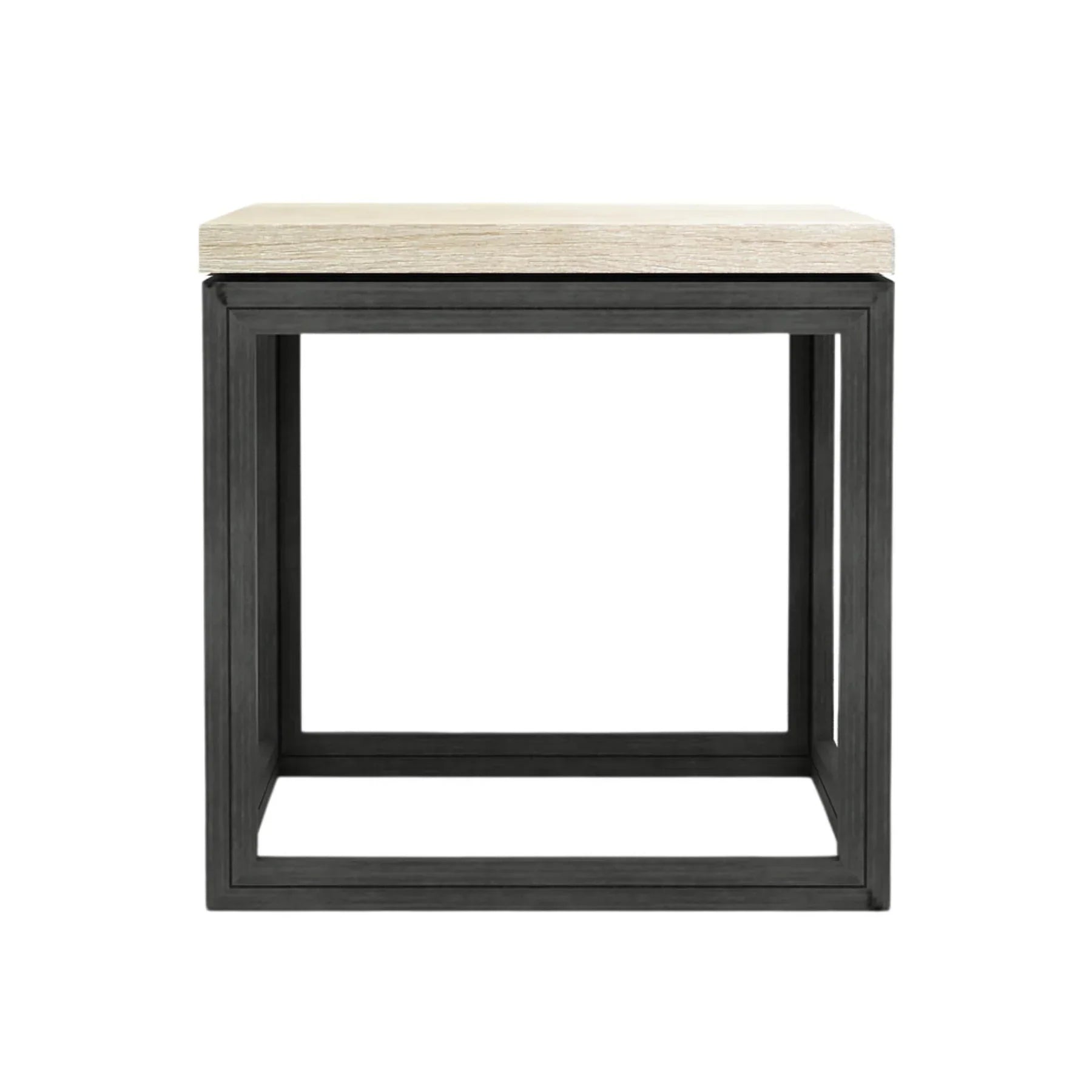 Straight-on front view highlighting the minimalist open cube silhouette and the substantial thickness of the stone tabletop