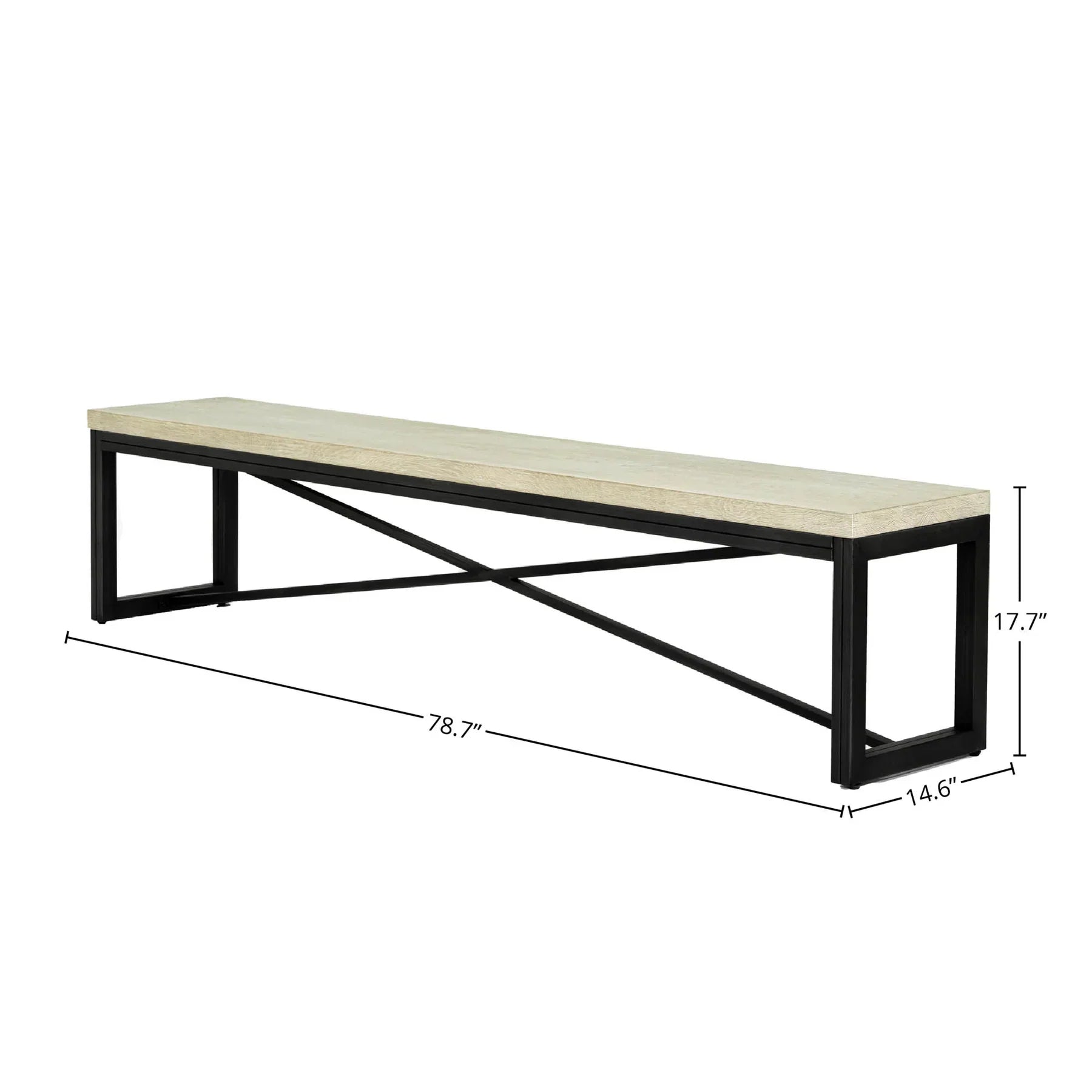 Front view of the Starlight bench featuring a light oak wood top and a black metal frame with cross-brace support