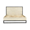 Front view of the Starlight queen platform bed featuring a light oak wood finish and a sturdy black steel architectural base