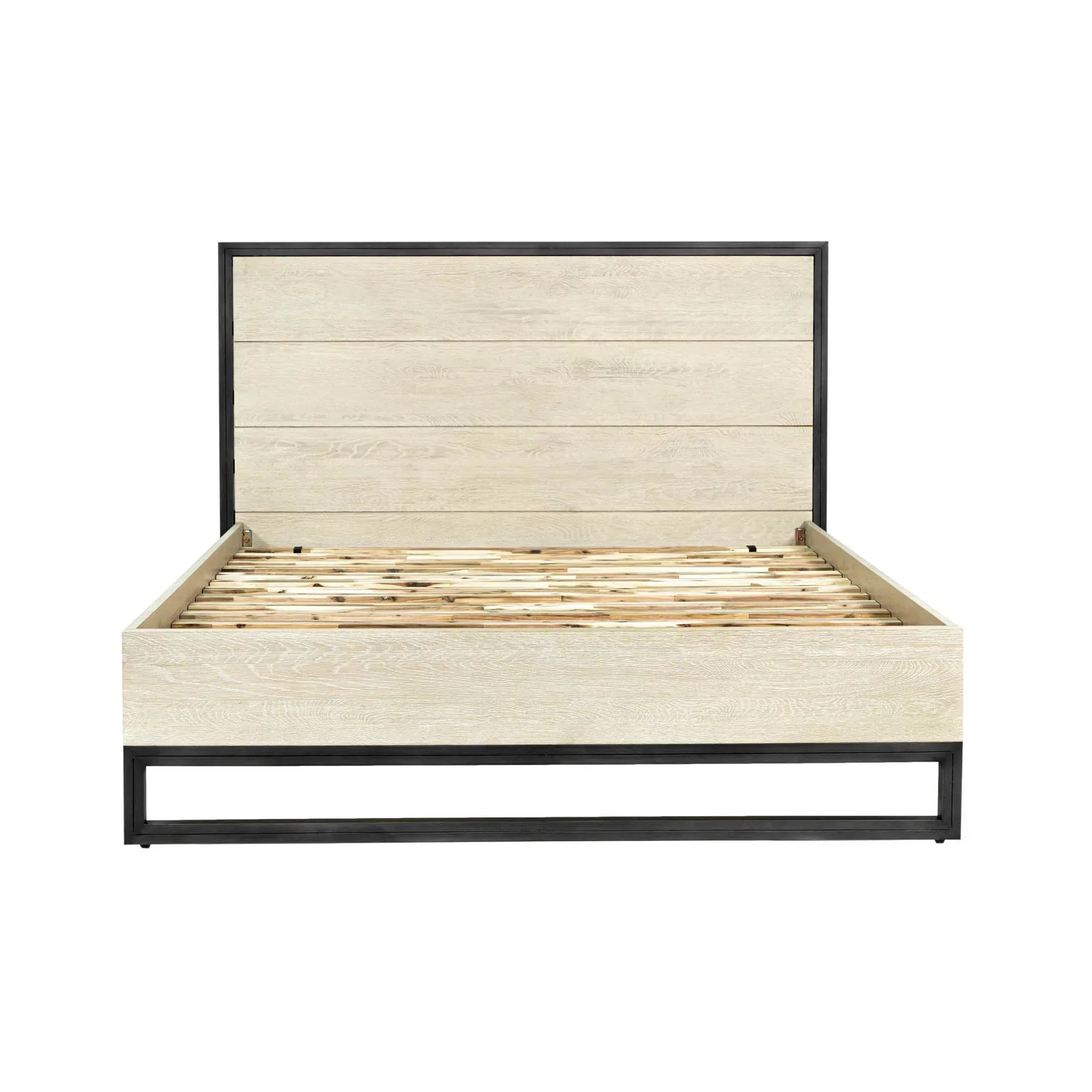 Front view of the Starlight queen platform bed featuring a light oak wood finish and a sturdy black steel architectural base