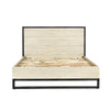 Front view of the Starlight king bed featuring light oak wood panels framed by a bold black metal industrial base