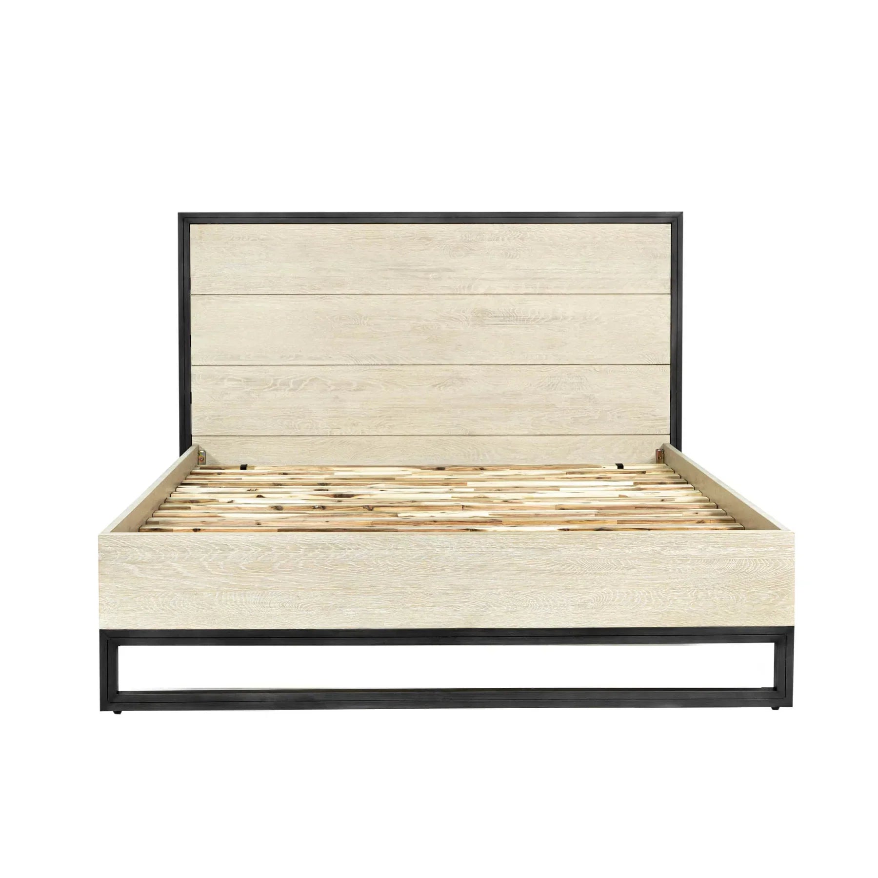 Front view of the Starlight king bed featuring light oak wood panels framed by a bold black metal industrial base