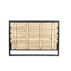 Rear view of the paneled headboard highlighting the sturdy vertical metal supports and solid wood backing