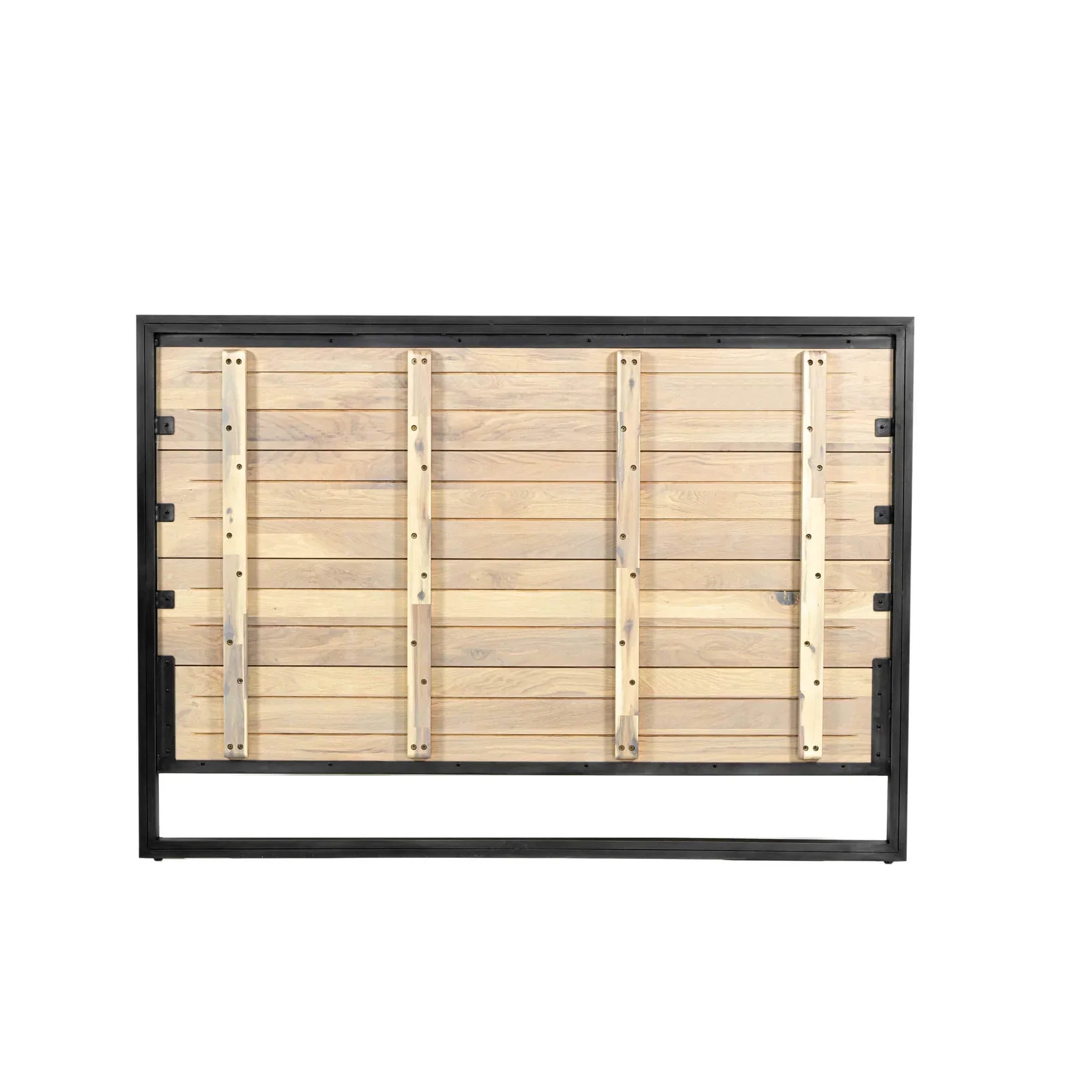 Rear view of the paneled headboard highlighting the sturdy vertical metal supports and solid wood backing