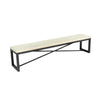 High-angled perspective showcasing the elongated rectangular wood top and sturdy black metal frame construction