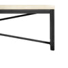 Detailed view of the corner assembly where the light oak top meets the black metal industrial leg