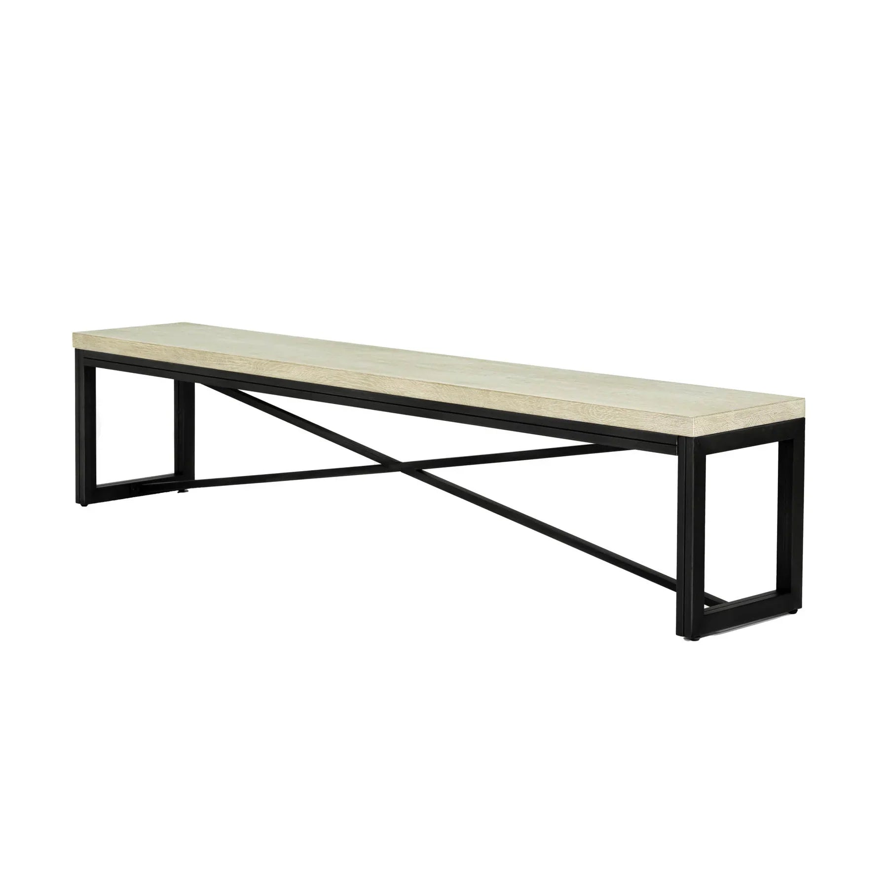 Front view of the Starlight bench featuring a light oak wood top and a black metal frame with cross-brace support
