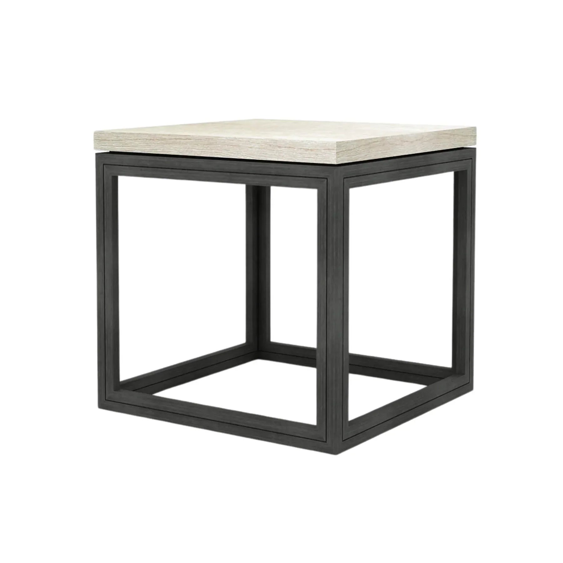 Three-quarter view of the Starlight side table featuring a thick light grey stone top on a black open cube metal frame