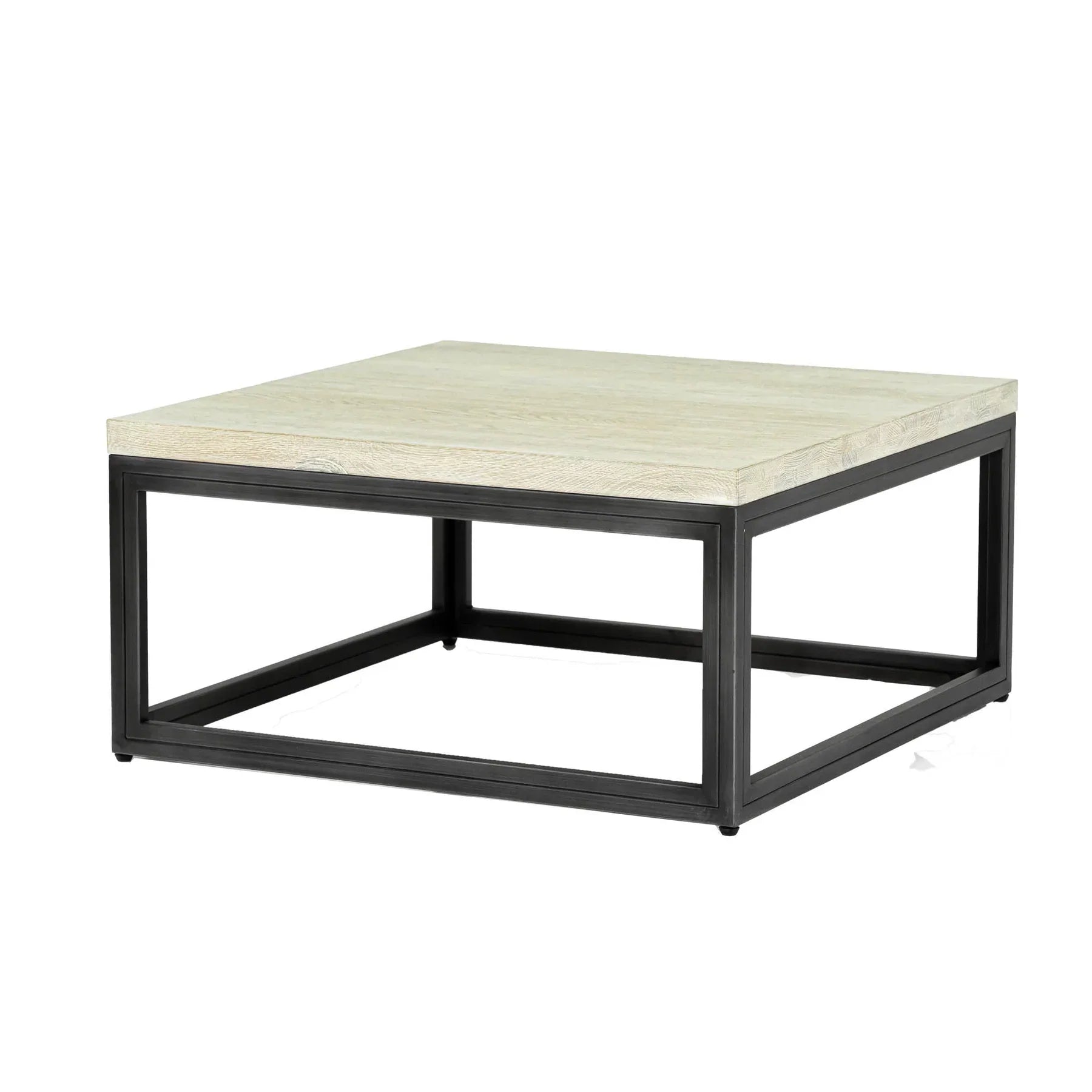 Three-quarter perspective highlighting the thick profile of the square travertine surface and the substantial dark pedestal base