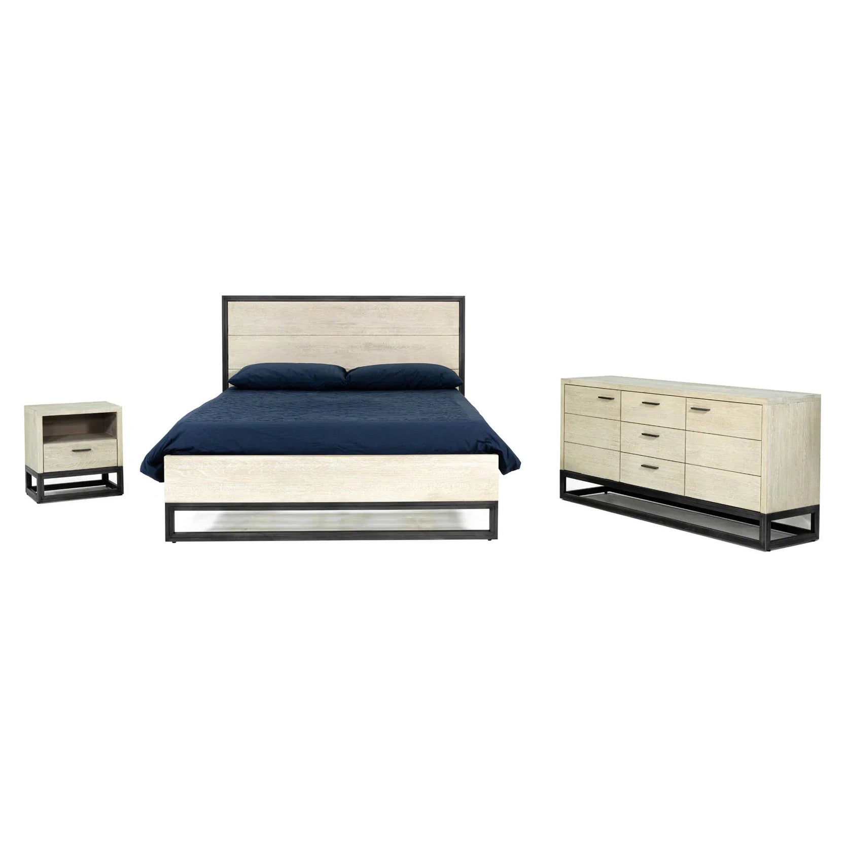 Front view of the Starlight queen platform bed featuring a light oak wood finish and a sturdy black steel architectural base