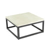 Alternative angled shot emphasizing the contrast between the organic stone tabletop and the smooth dark pedestal