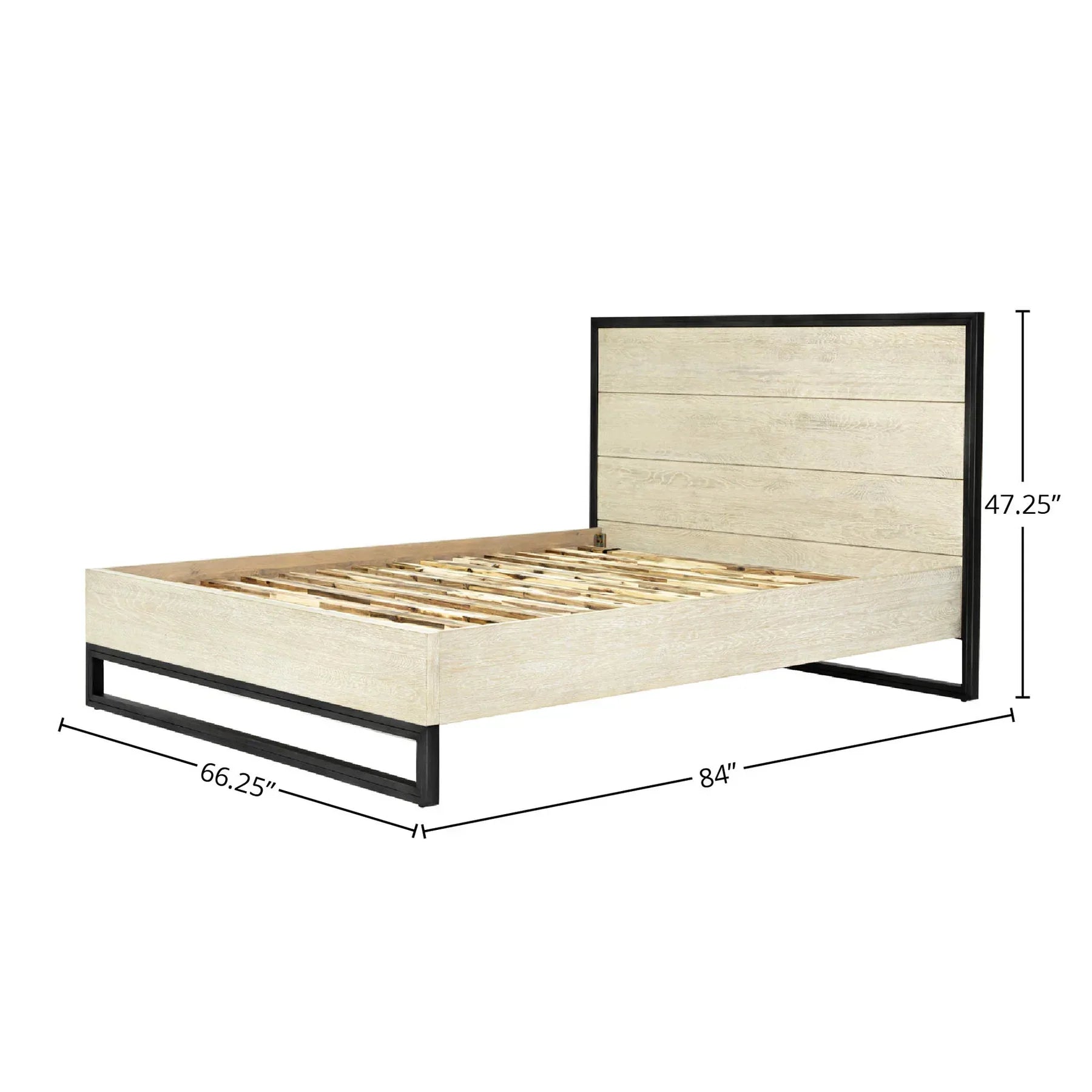 Front view of the Starlight queen platform bed featuring a light oak wood finish and a sturdy black steel architectural base