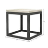 Product view showing the width and depth dimensions of the square stone top and height of the black metal frame