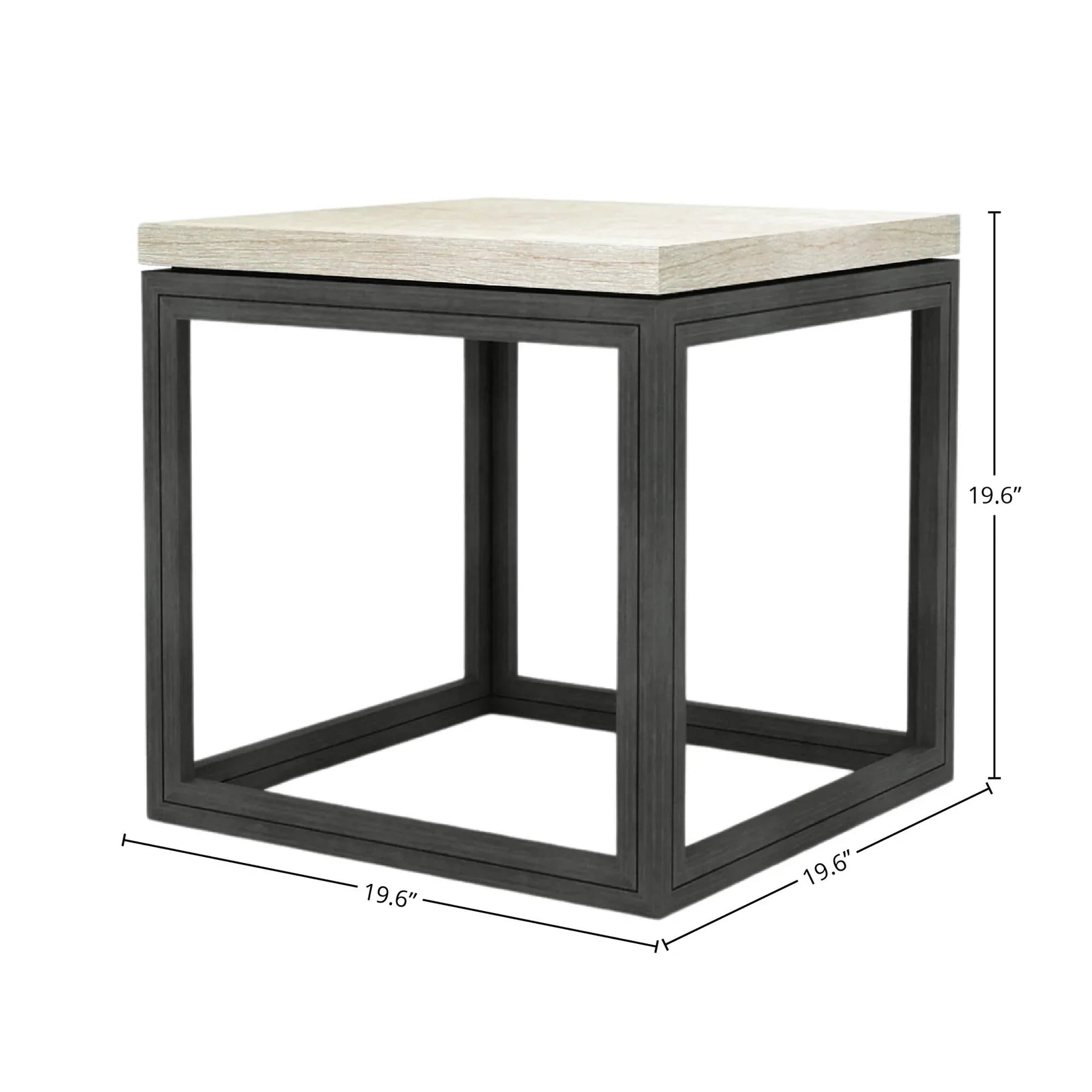 Product view showing the width and depth dimensions of the square stone top and height of the black metal frame