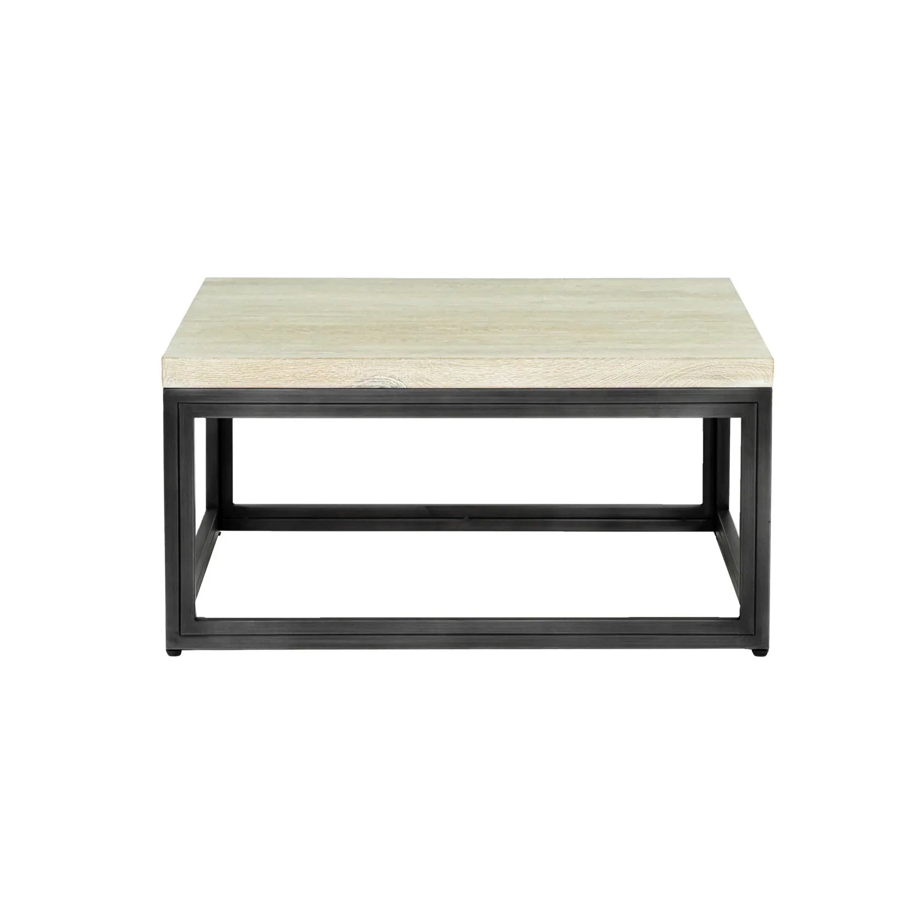 Front view of the Starlight coffee table featuring a square beige travertine top and a dark tapered pedestal base