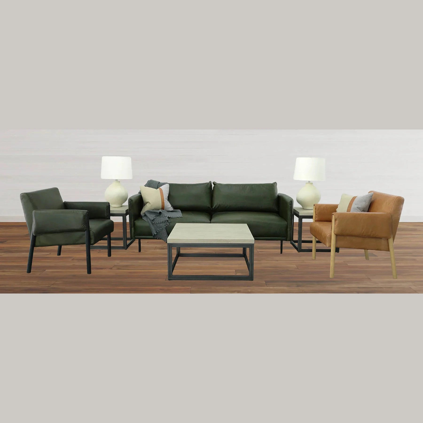 Interior view showing the coffee table styled with decorative accents in a minimalist room with soft neutral tones