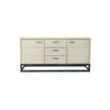 Front perspective view of the Starlight sideboard featuring a white ash wood finish, six storage drawers, and a black industrial metal sled base