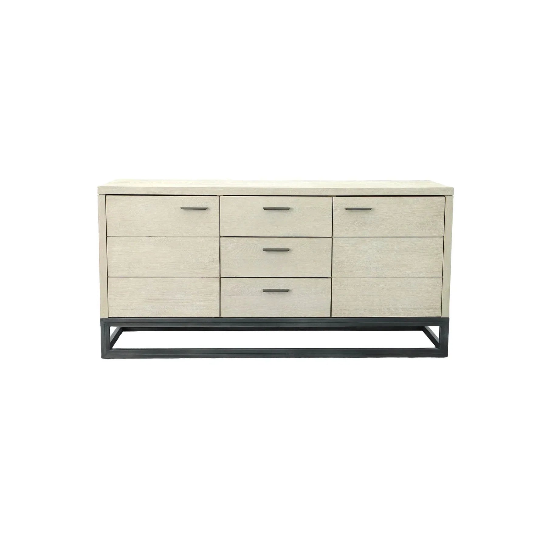 Front perspective view of the Starlight sideboard featuring a white ash wood finish, six storage drawers, and a black industrial metal sled base