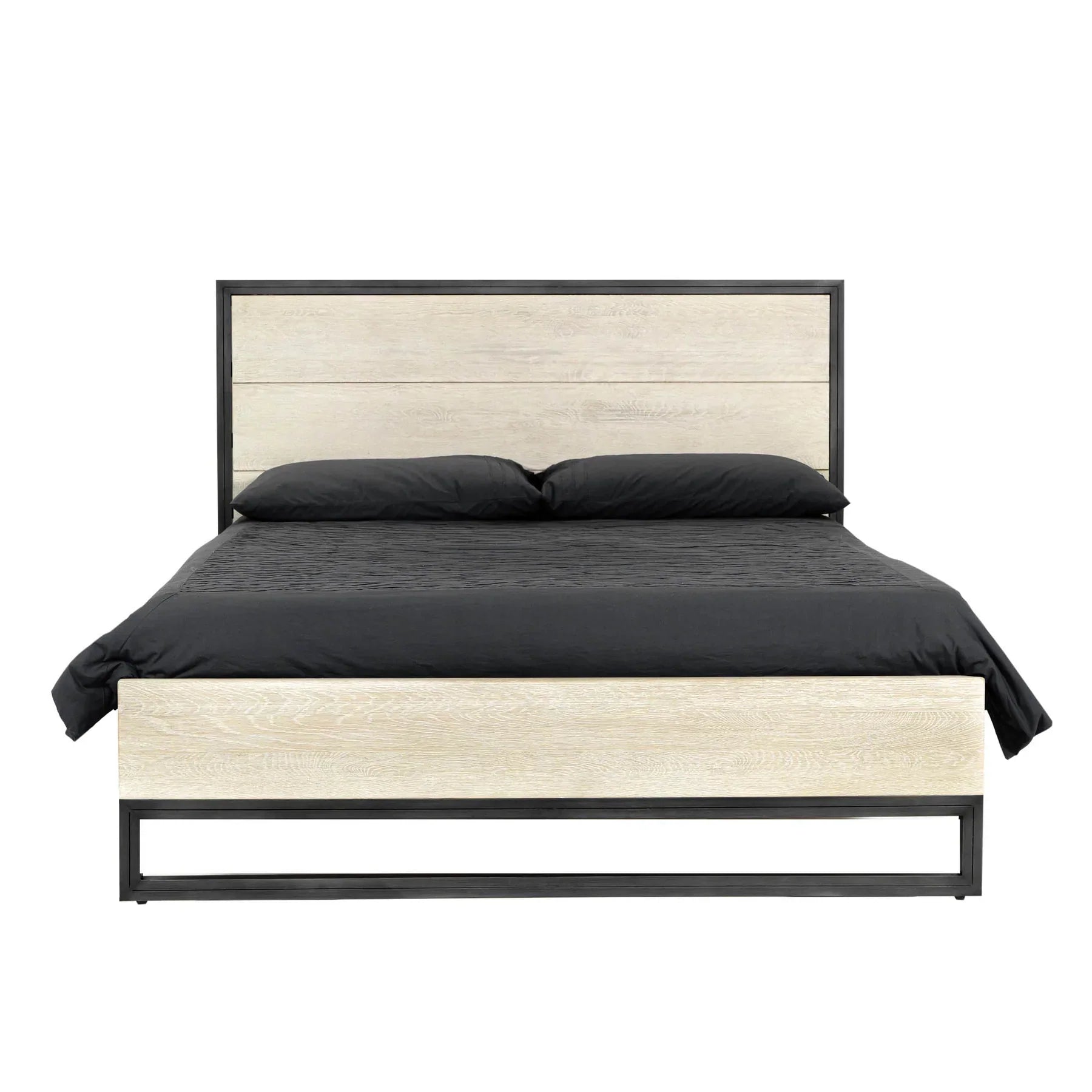 Straight-on studio shot of the bed styled with minimalist black bedding to highlight the warm wood grain