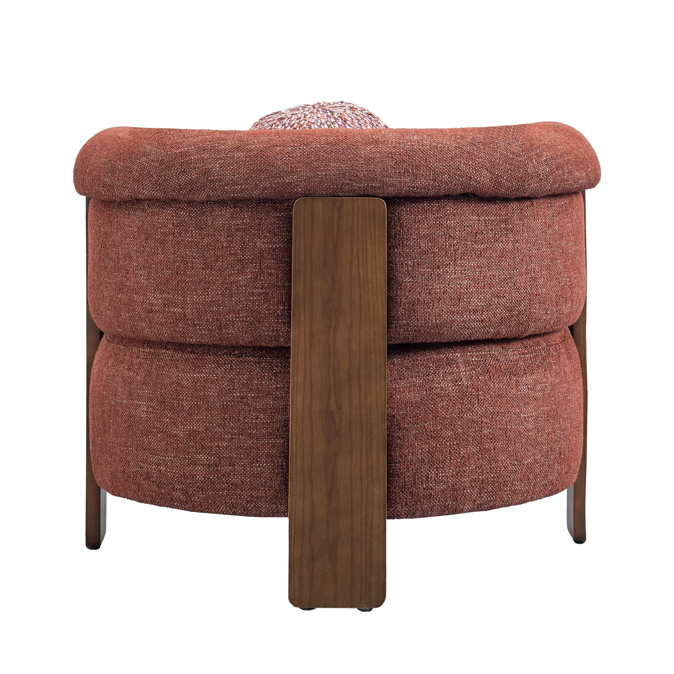 Front view of the Stave accent chair in rust-toned bouclé fabric with a dark walnut wood frame and a spherical lumbar pillow