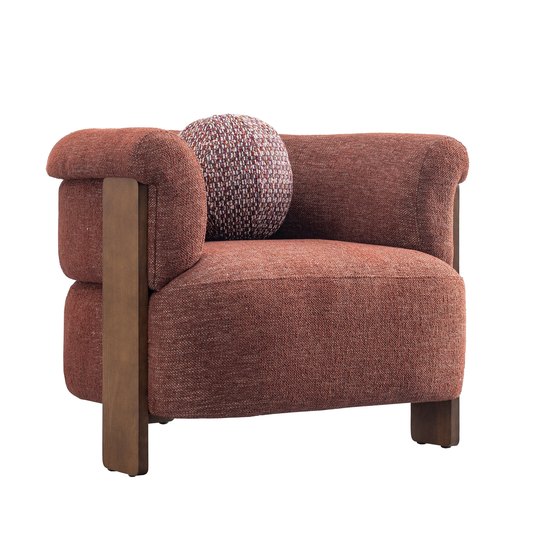 Front view of the Stave accent chair in rust-toned bouclé fabric with a dark walnut wood frame and a spherical lumbar pillow