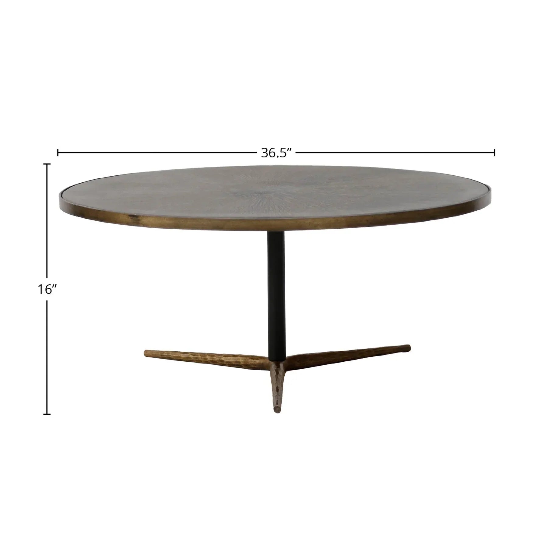 Product shot of the Stellar coffee table with dimensional markers for height and tabletop diameter