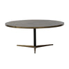 Front view of the Stellar coffee table featuring a circular dark wood top and a minimalist bronze tripod pedestal base