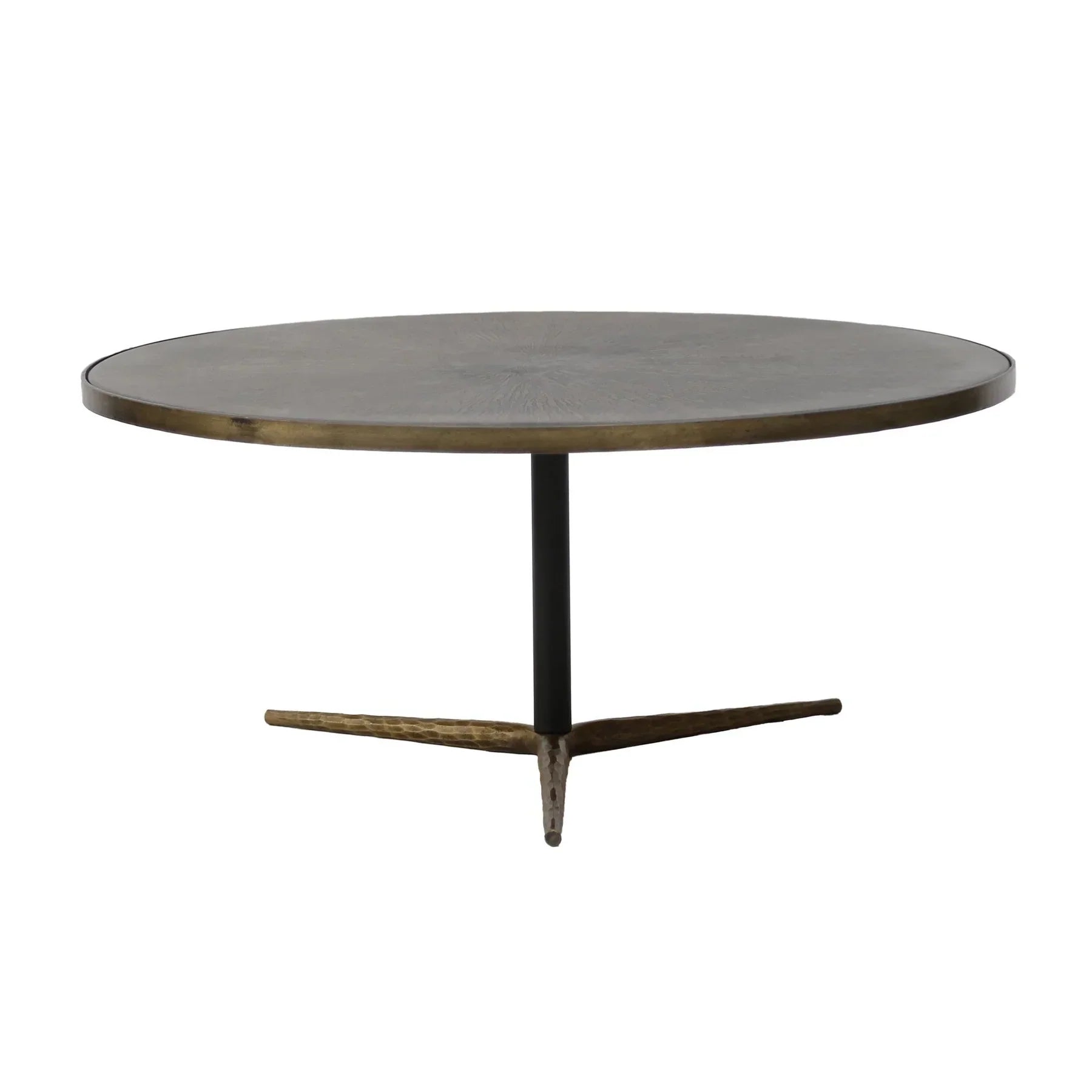 Front view of the Stellar coffee table featuring a circular dark wood top and a minimalist bronze tripod pedestal base