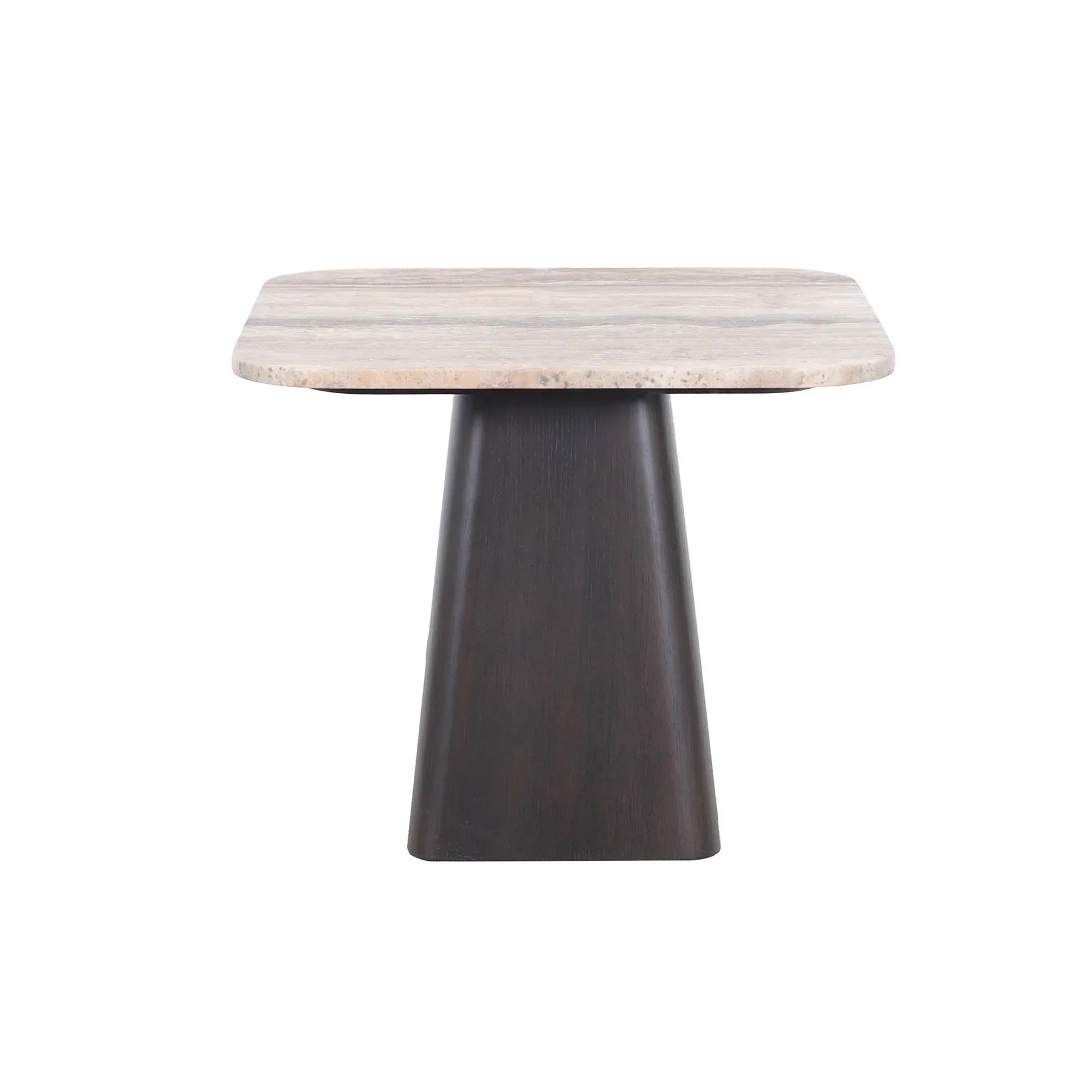 Three-quarter view of the Storm side table featuring a thin square travertine top supported by a thick tapered dark wood pedestal base