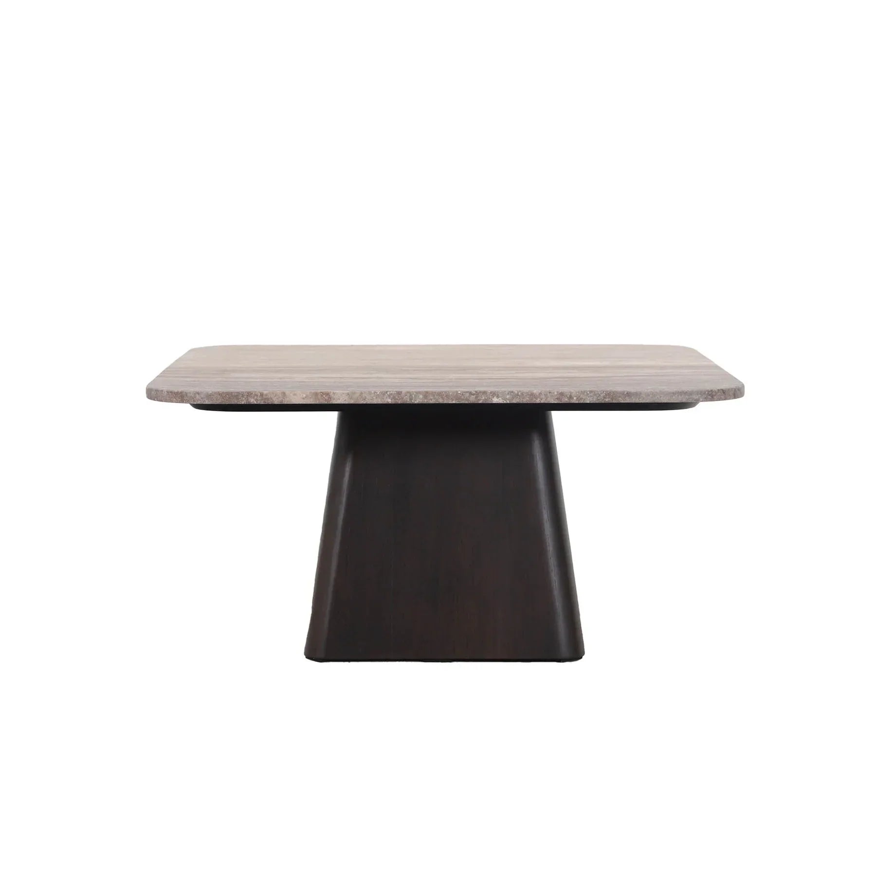 Front view of the Storm coffee table featuring a multi-faceted fluted natural wood base and circular silhouette