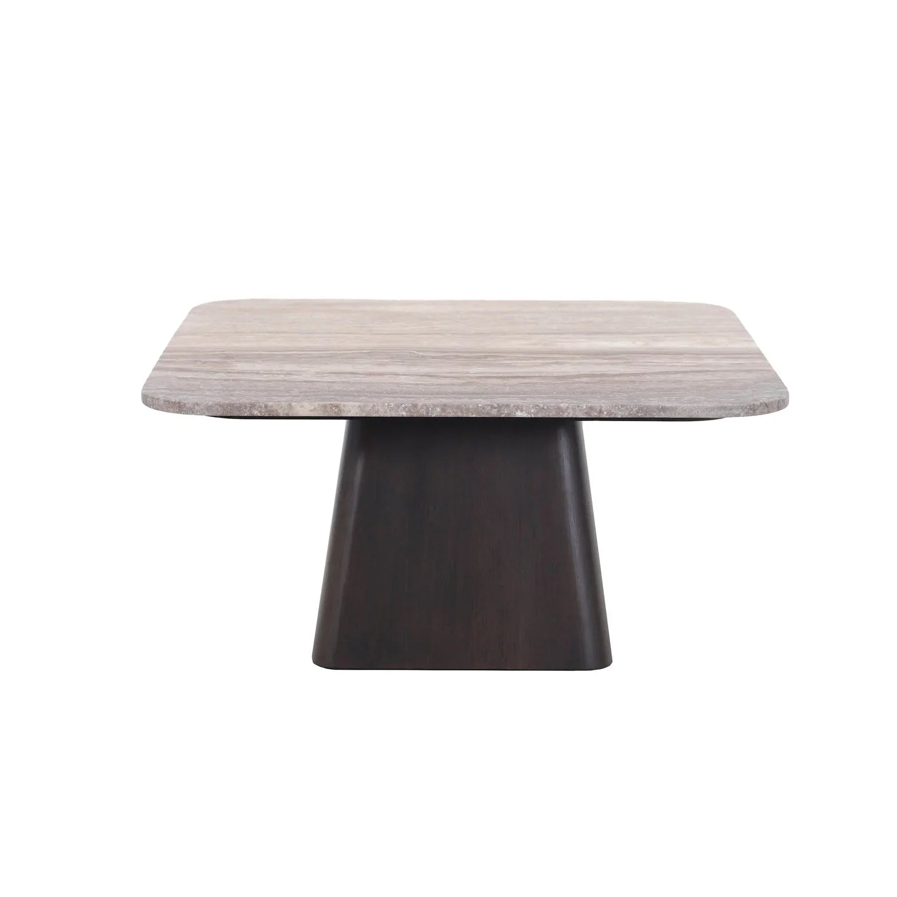 Front view of the Storm coffee table featuring a multi-faceted fluted natural wood base and circular silhouette
