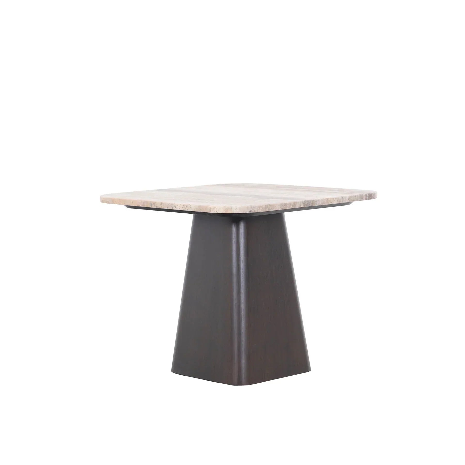 Three-quarter view of the Storm side table featuring a thin square travertine top supported by a thick tapered dark wood pedestal base