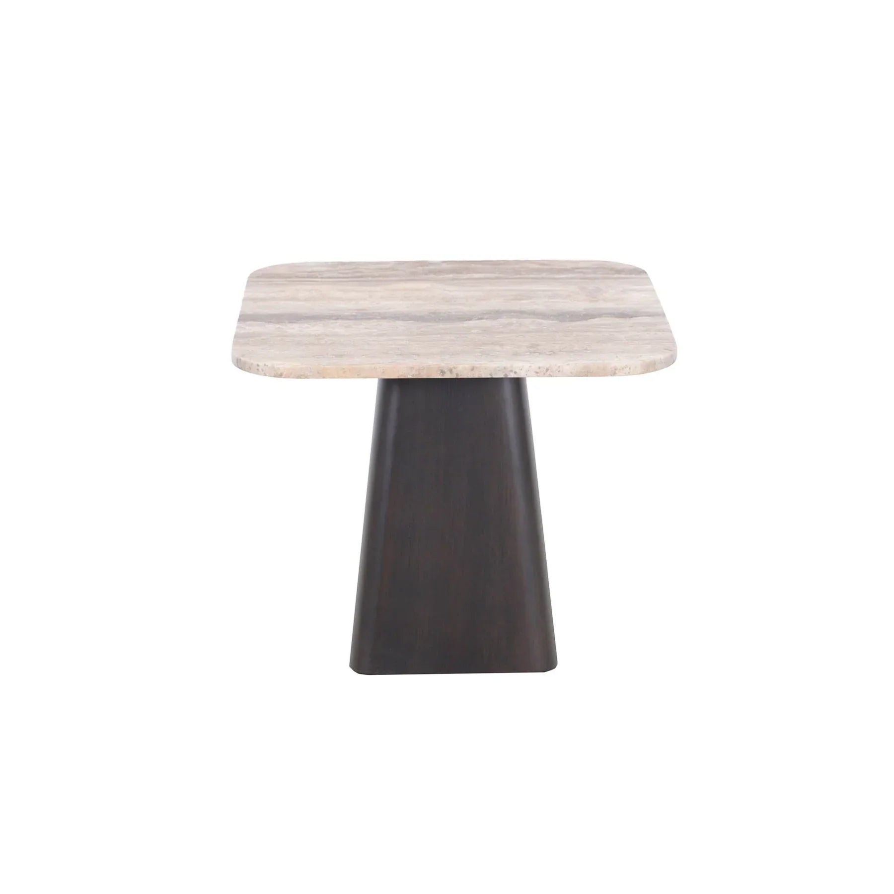 Three-quarter view of the Storm side table featuring a thin square travertine top supported by a thick tapered dark wood pedestal base