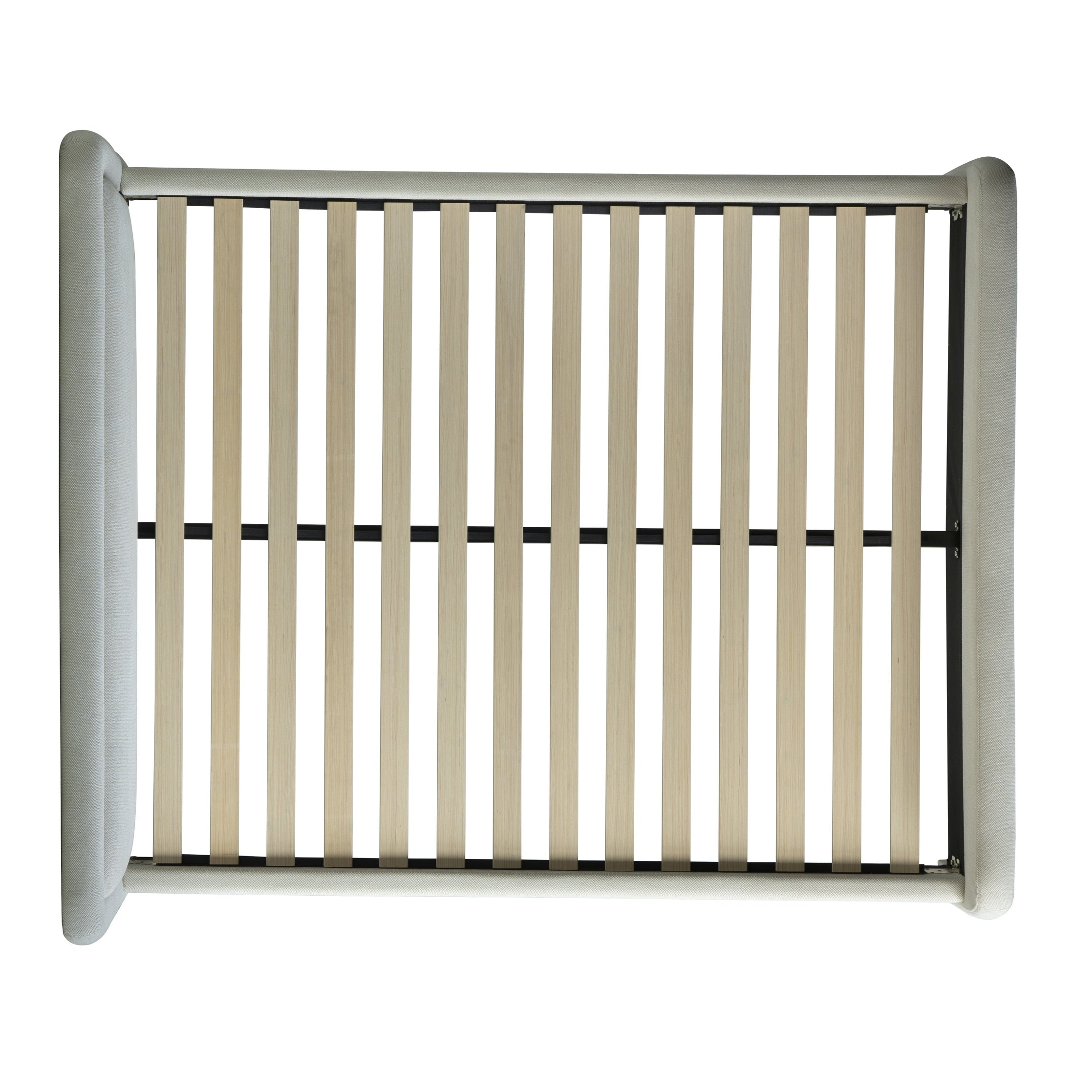 Bird's-eye view of the internal wooden slat system and central support rail designed for durable mattress stability