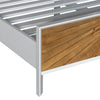 Perspective detail of the footboard featuring the matching sunburst wood inlay and clean white frame edges