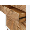 Macro detail shot focusing on the precision structural joinery and the tactile radiant wood texture of the drawer facade
