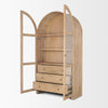 Suri arched cabinet with glass doors open showing interior shelving and drawers