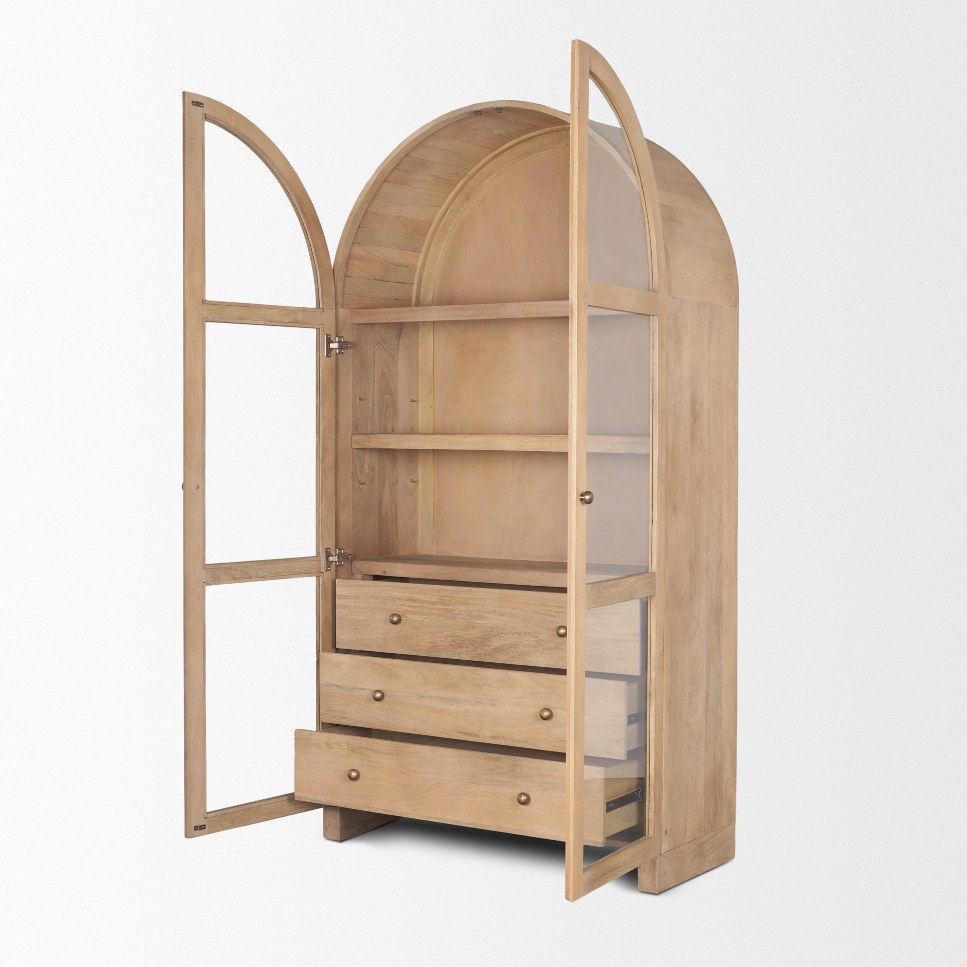Suri arched cabinet with glass doors open showing interior shelving and drawers
