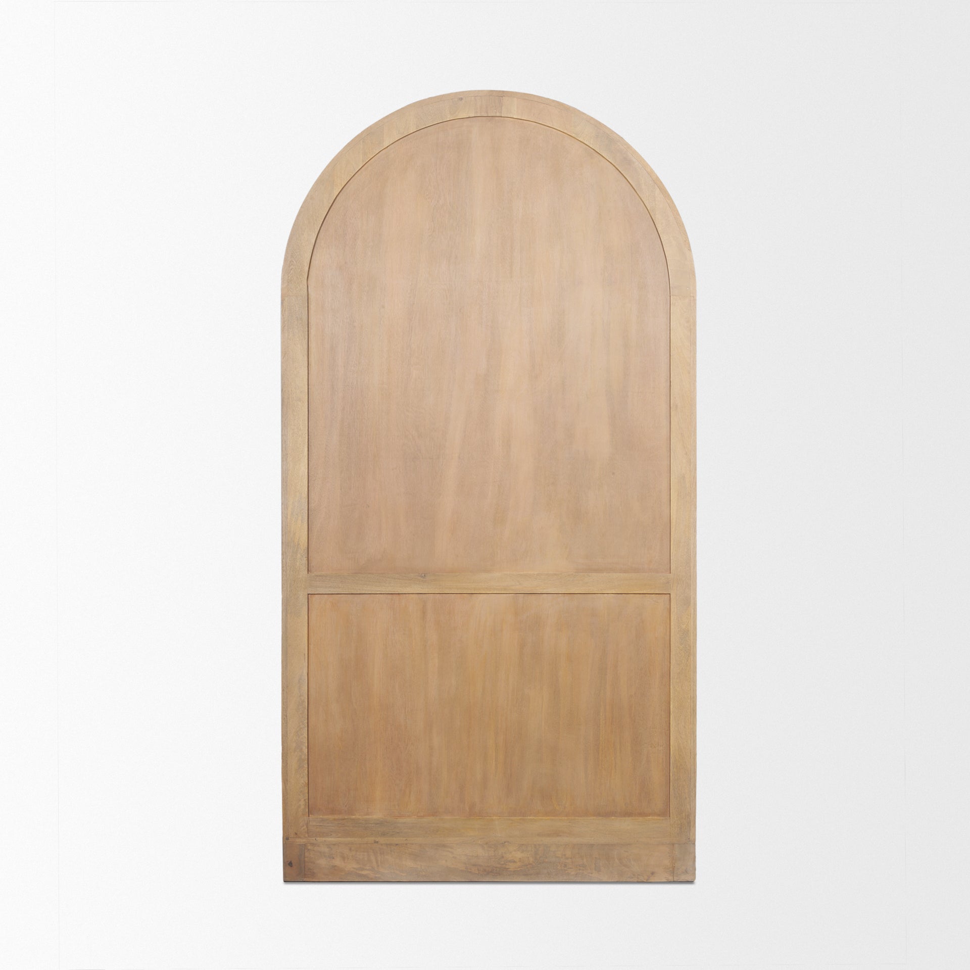 View of the solid wood back panel on the Suri arched cabinet