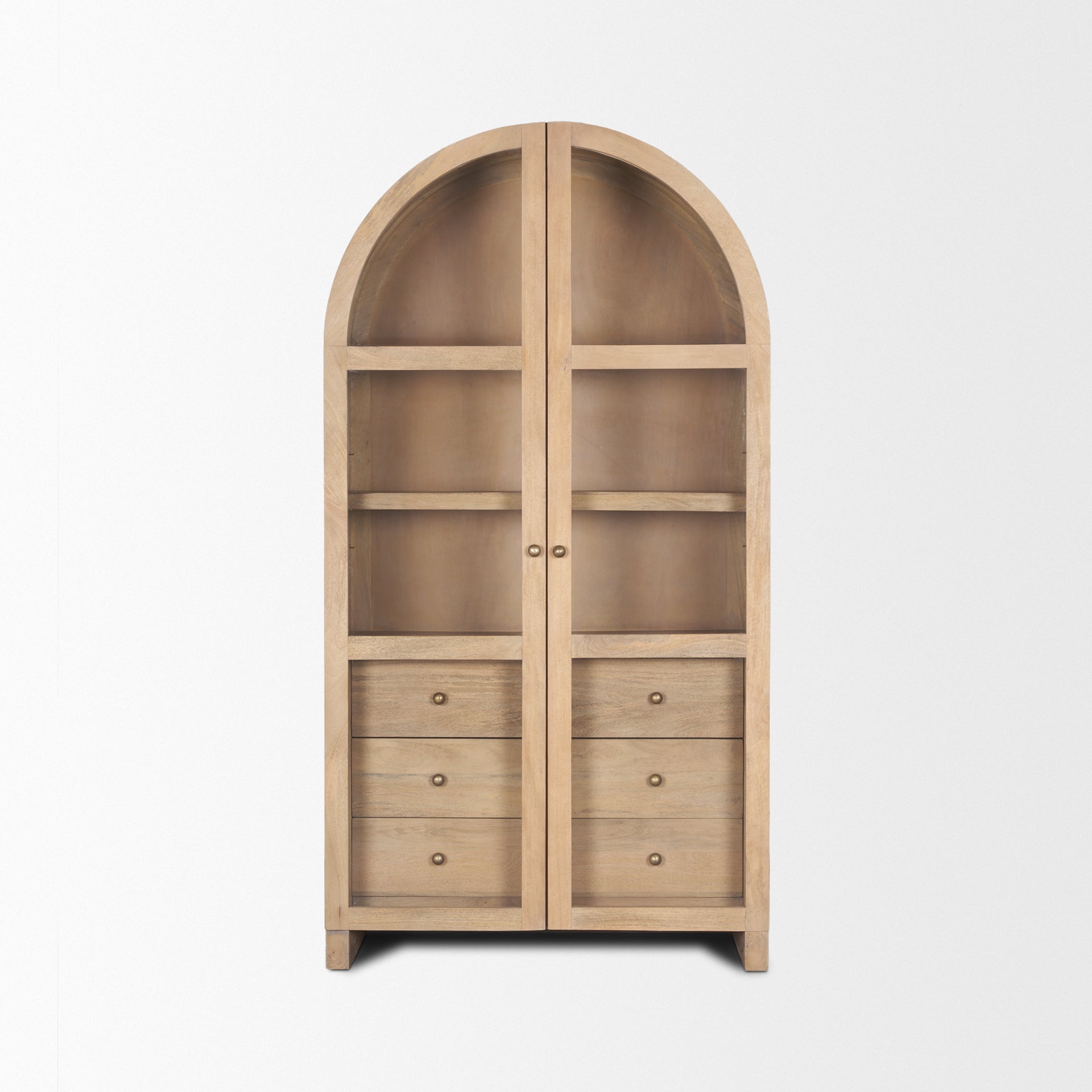 Suri arched curio cabinet in light brown wood with glass doors and drawers